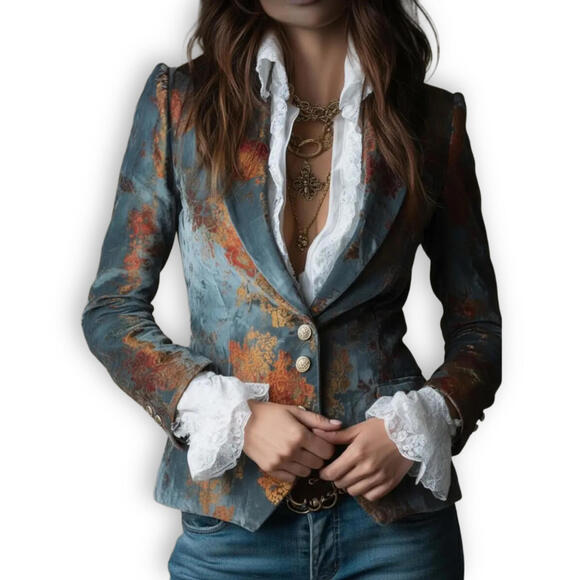 NEW Y2K Retro Vintage SZ S Velvet Single Breast Blazer Boho Multi Floral Jacket - Picture 2 of 9